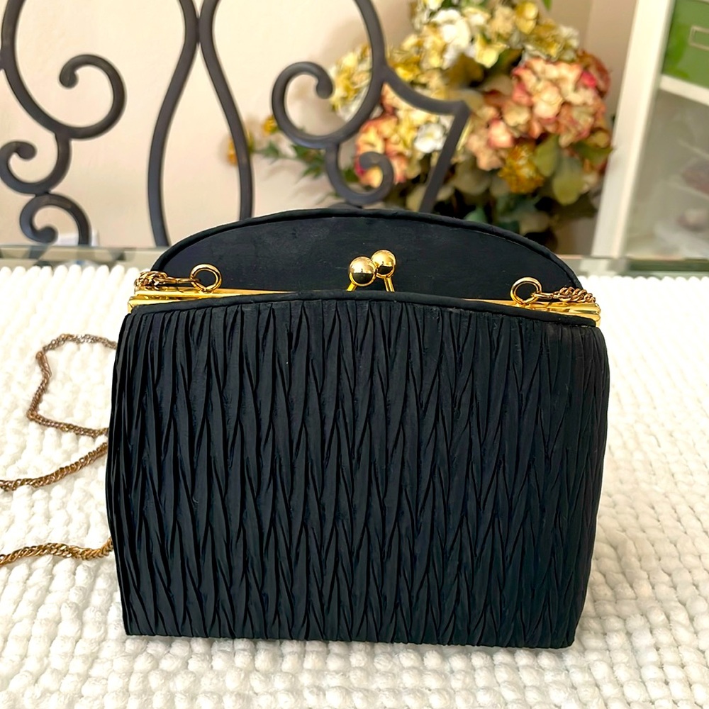 BLACK SATIN LA REGALE EVENING BAG- GOLD TONE FRAME AND CHAIN STRAP